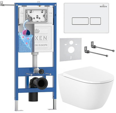 Комплект инсталляции Roxen StounFix Dual Fresh с удлиненными креплениями, аромадозатором, кнопкой смыва Caspia 410280 и унитазом Roca Ona Rimless с крышкой Supralit Soft Close