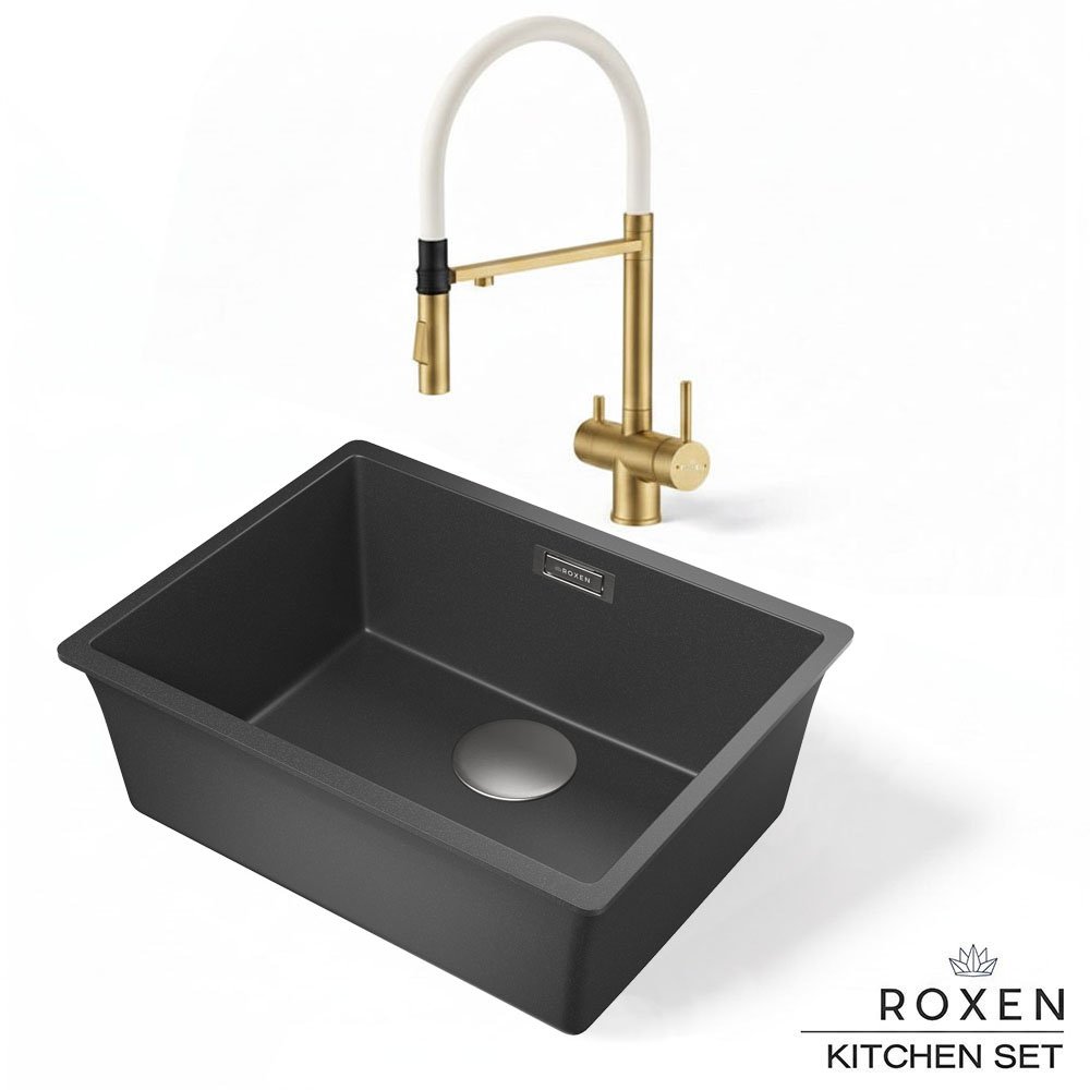 Комплект 2 в 1 кухонная мойка Roxen Gap 360270-54JB Jet Black со смесителем Keit 500504GB-W