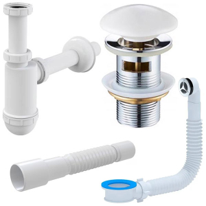 Сифон в комплекте со слив-переливом, донным клапаном Roxen P01W (white) и гофрой для каменных умывальников