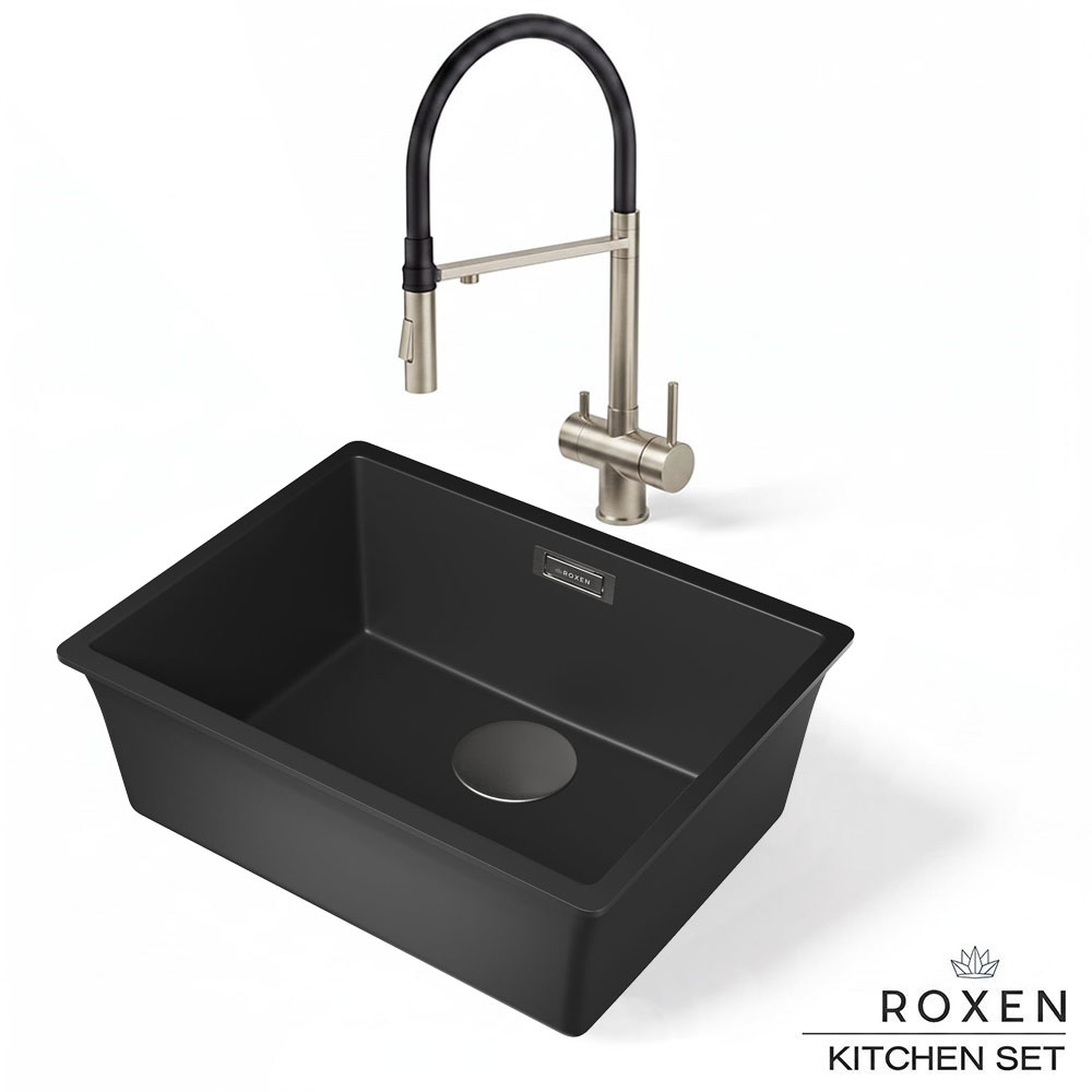 Комплект 2 в 1 кухонная мойка Roxen Gap 360270-54VB Vanta Black со смесителем Keit 500504NB-B