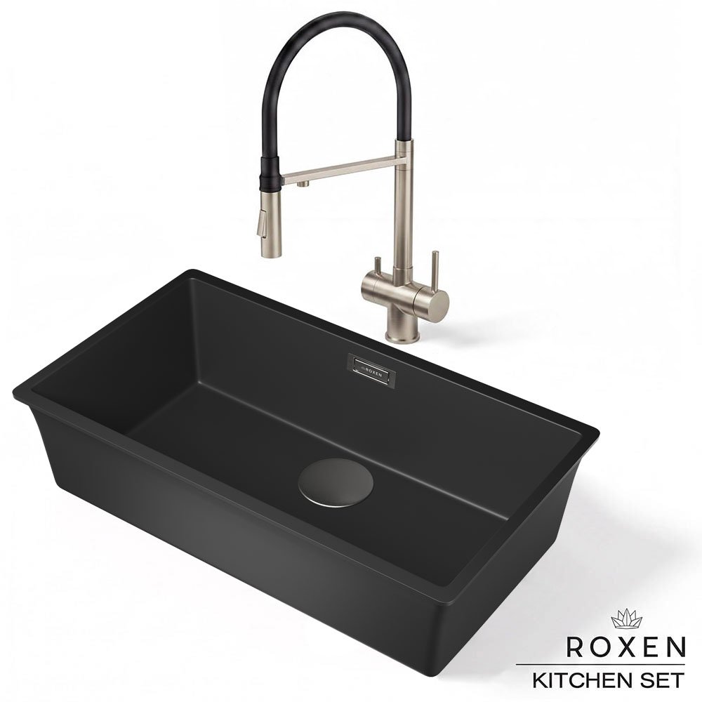 Комплект 2 в 1 кухонная мойка Roxen Gap 360270-74VB Vanta Black со смесителем Keit 500504NB-B