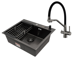 Кухонная мойка Arfeka Eco AR 60 Black со смесителем Japeto, коландером и дозатором