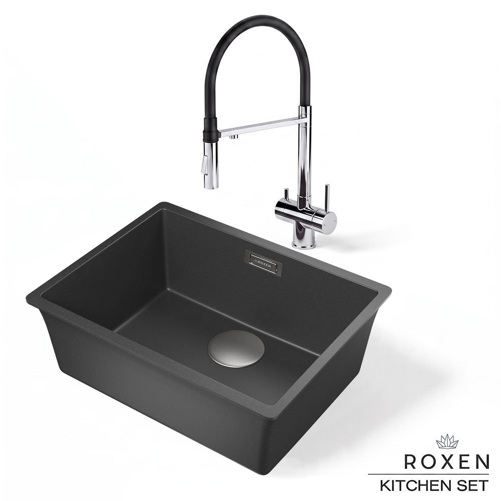 Комплект 2 в 1 кухонная мойка Roxen Gap 360270-54JB Jet Black со смесителем Keit 500504CH-B