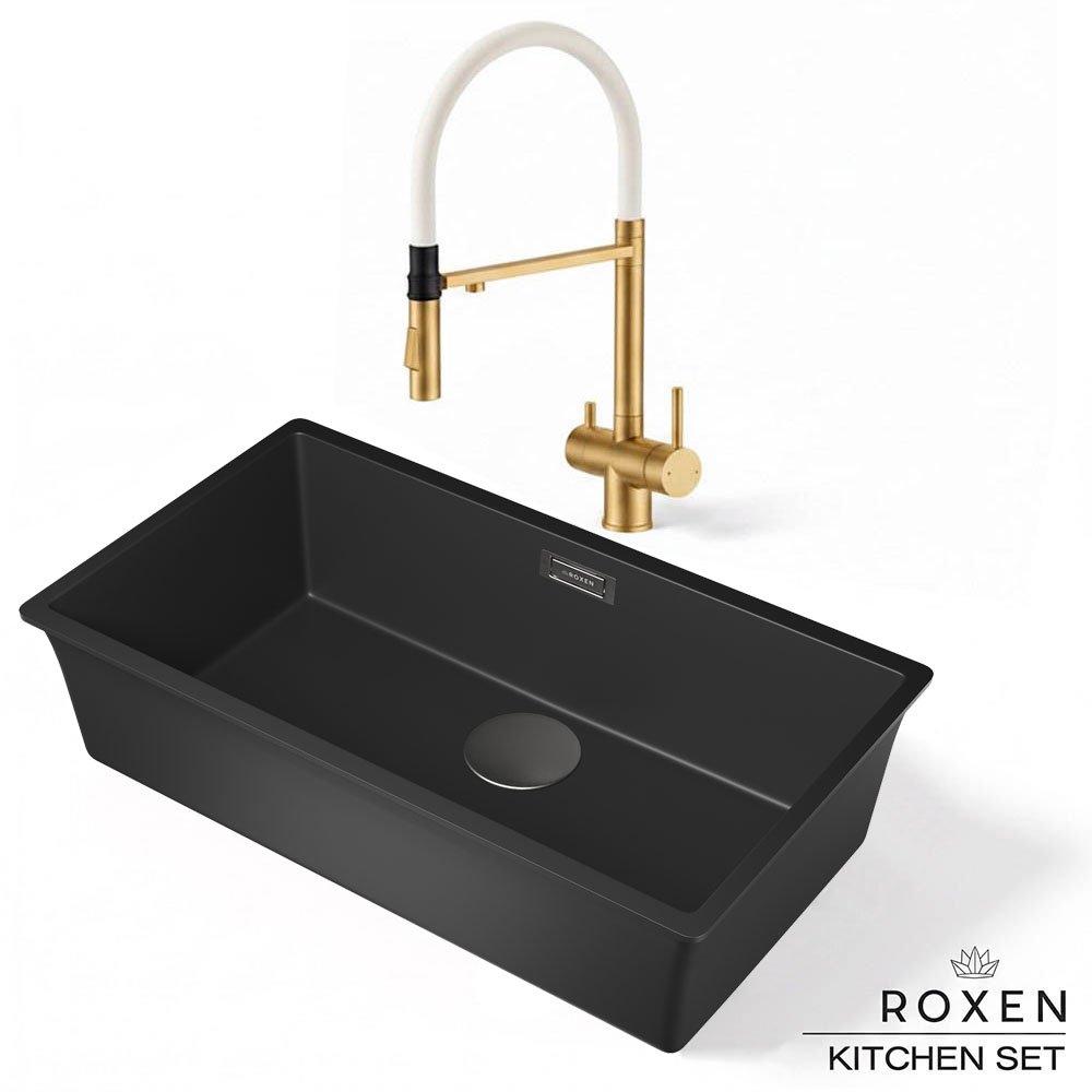 Комплект 2 в 1 кухонная мойка Roxen Gap 360270-74VB Vanta Black со смесителем Keit 500504GB-W