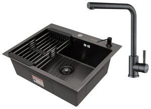 Кухонная мойка Arfeka Eco AR 60 Black со смесителем Isis, коландером и дозатором