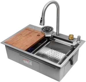 Кухонная мойка Arfeka Eco AR 68 Satin со смесителем, ринзером, двумя коландерами, разделочной доской и дозатором