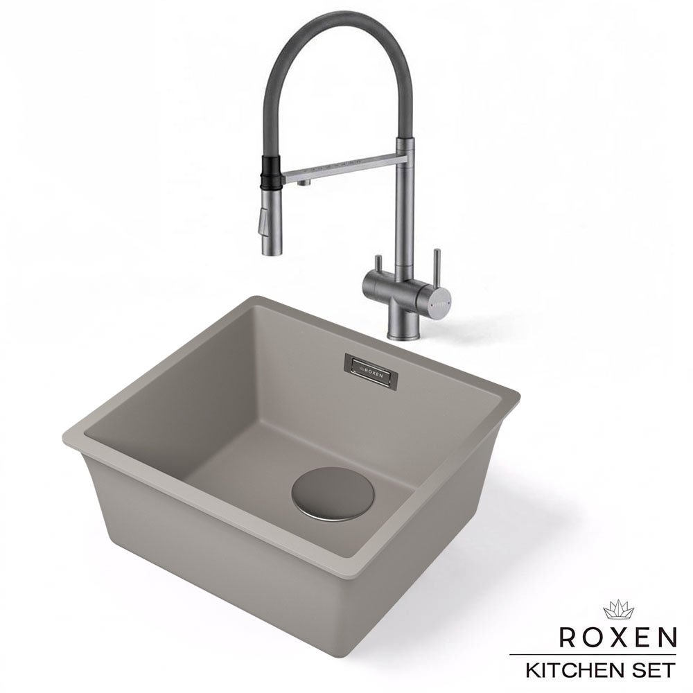 Комплект 2 в 1 кухонная мойка Roxen Gap 360270-44SG Storm Gray со смесителем Keit 500504GM-GR
