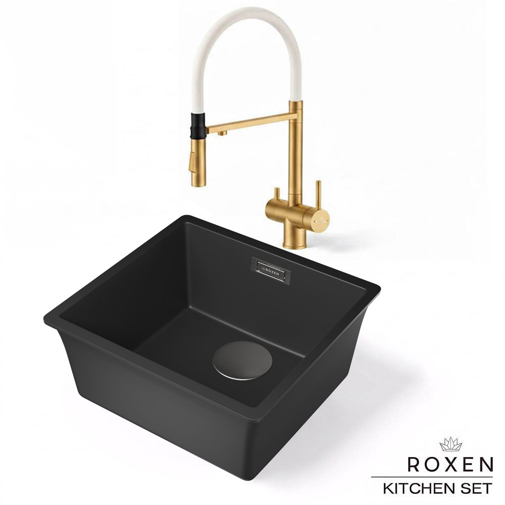 Комплект 2 в 1 кухонная мойка Roxen Gap 360270-44VB Vanta Black со смесителем Keit 500504GB-W