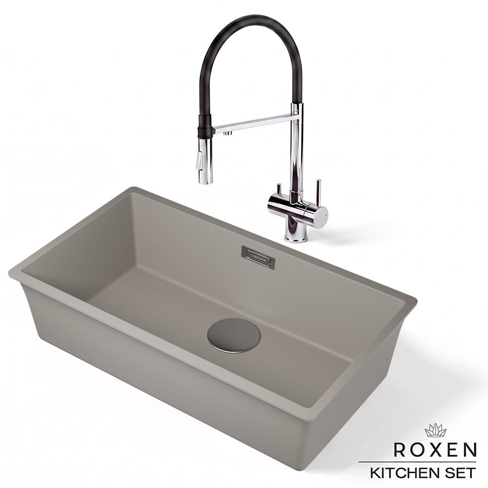 Комплект 2 в 1 кухонная мойка Roxen Gap 360270-74SG Storm Gray со смесителем Keit 500504CH-B