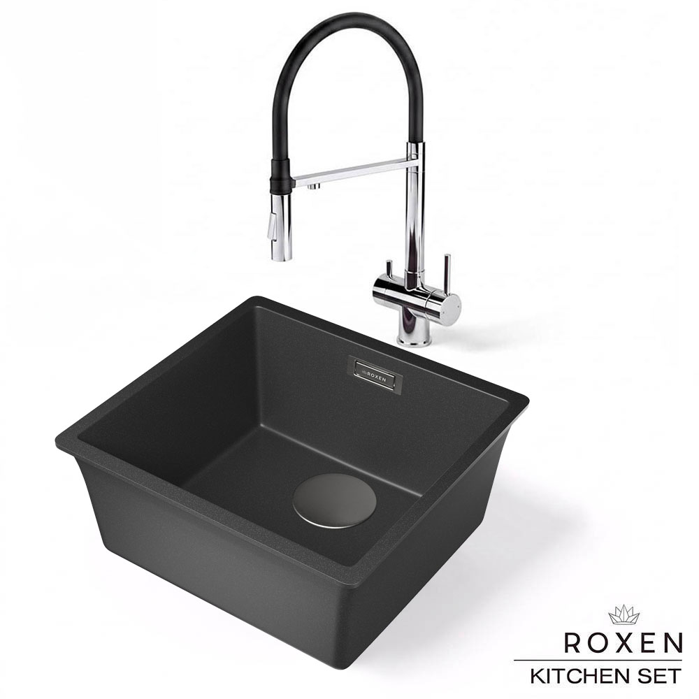 Комплект 2 в 1 кухонная мойка Roxen Gap 360270-44JB Jet Black со смесителем Keit 500504CH-B