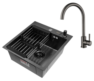 Кухонная мойка Arfeka Eco AR 45 Black со смесителем Sirio, коландером и дозатором