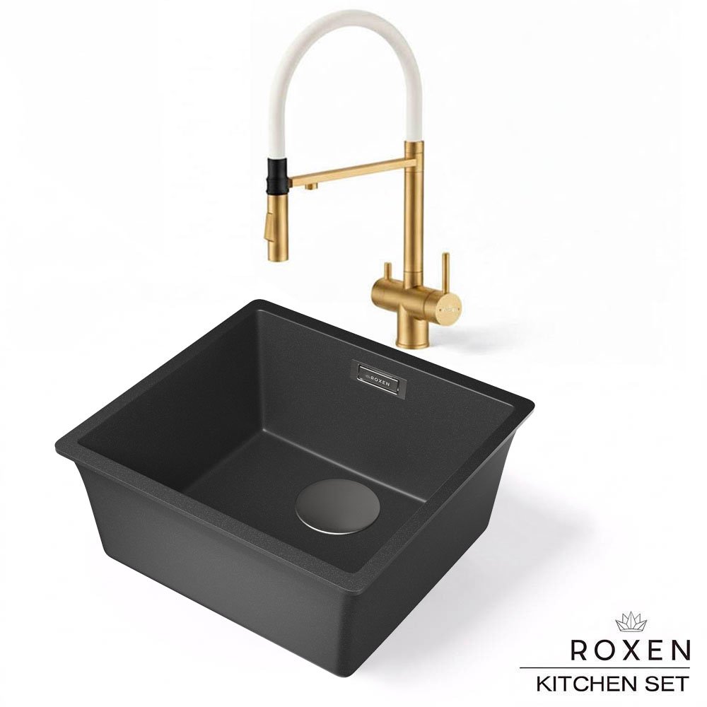 Комплект 2 в 1 кухонная мойка Roxen Gap 360270-44JB Jet Black со смесителем Keit 500504GB-W