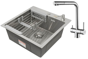 Кухонная мойка Arfeka Eco AR 50 Satin со смесителем Geminia, коландером и дозатором
