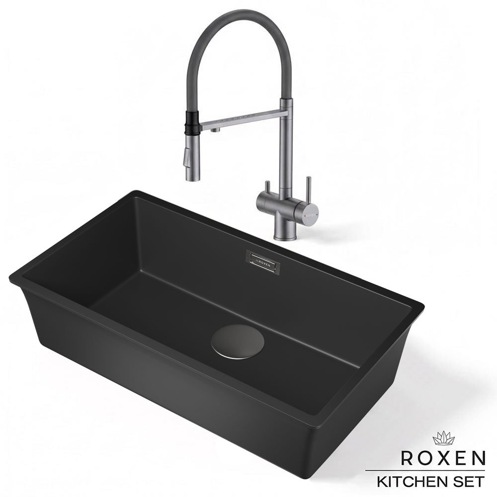 Комплект 2 в 1 кухонная мойка Roxen Gap 360270-74VB Vanta Black со смесителем Keit 500504GM-GR