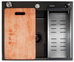 Кухонная мойка Avina Futur FK Eco Embossing Pop-up Board Plus Black Nano с дозатором, коландером и разделочной доской