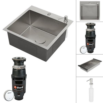 Кухонная мойка Roxen Simple с коландером, дозатором и измельчителем Bort Master Eco Control 93417999