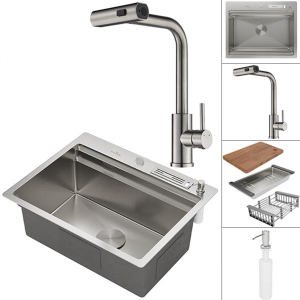 Кухонная мойка Roxen Stage 560250-60 в комплекте с держателем для ножей, двумя коландерами, разделочной доской, дозатором и смесителем Shevanik S263L с выдвижным изливом