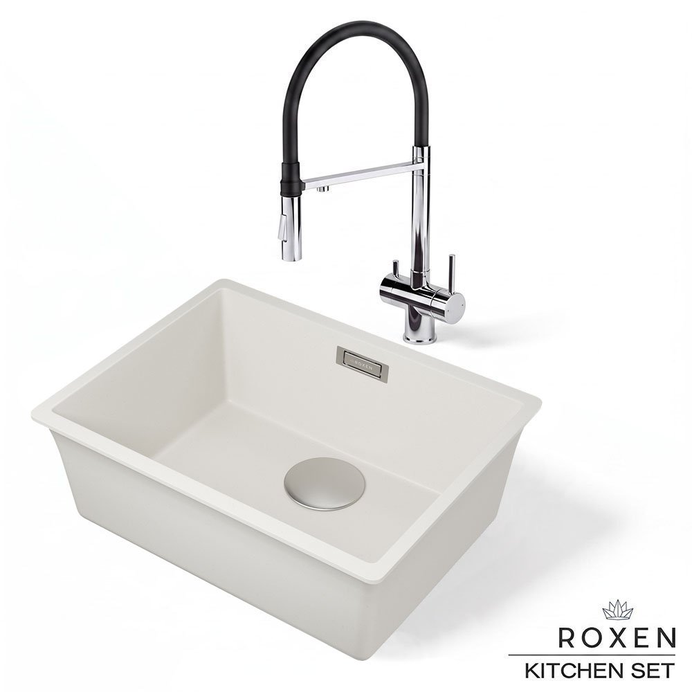 Комплект 2 в 1 кухонная мойка Roxen Gap 360270-54CW Cloud White со смесителем Keit 500504CH-B