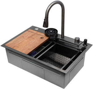 Кухонная мойка Arfeka Eco AR 68 Black PVD Nano со смесителем, ринзером, двумя коландерами, разделочной доской и дозатором