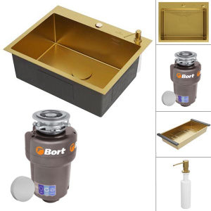 Кухонная мойка Roxen Simple 560220-60G PVD (gold) с аксессуарами и измельчителем Bort Titan Max Power 93410266 (Full Control)