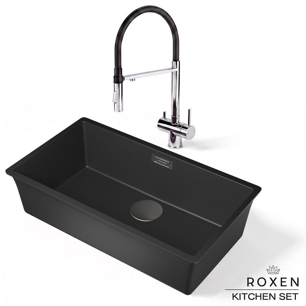 Комплект 2 в 1 кухонная мойка Roxen Gap 360270-74VB Vanta Black со смесителем Keit 500504CH-B