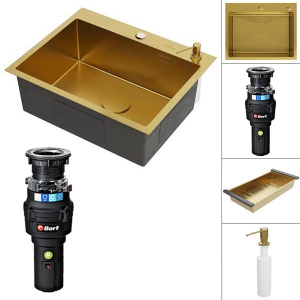 Кухонная мойка Roxen Simple 560220-60G PVD (gold) с коландером, дозатором и измельчителем Bort Caiman 93418064