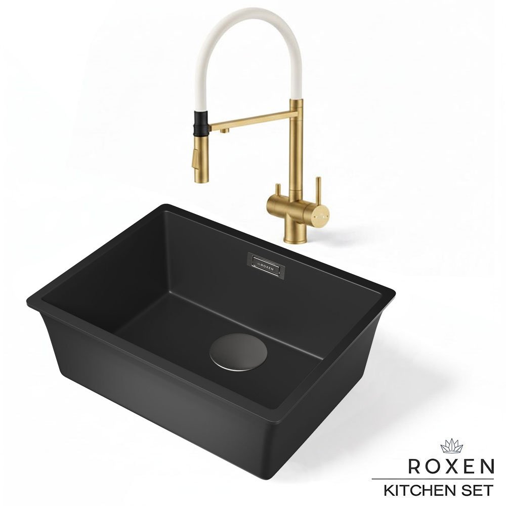 Комплект 2 в 1 кухонная мойка Roxen Gap 360270-54VB Vanta Black со смесителем Keit 500504GB-W