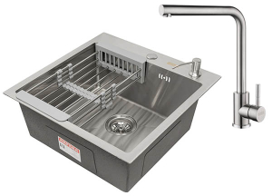 Кухонная мойка Arfeka Eco AR 50 Satin со смесителем Isis, коландером и дозатором