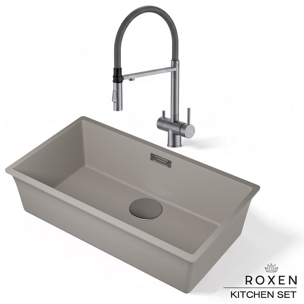 Комплект 2 в 1 кухонная мойка Roxen Gap 360270-74SG Storm Gray со смесителем Keit 500504GM-GR