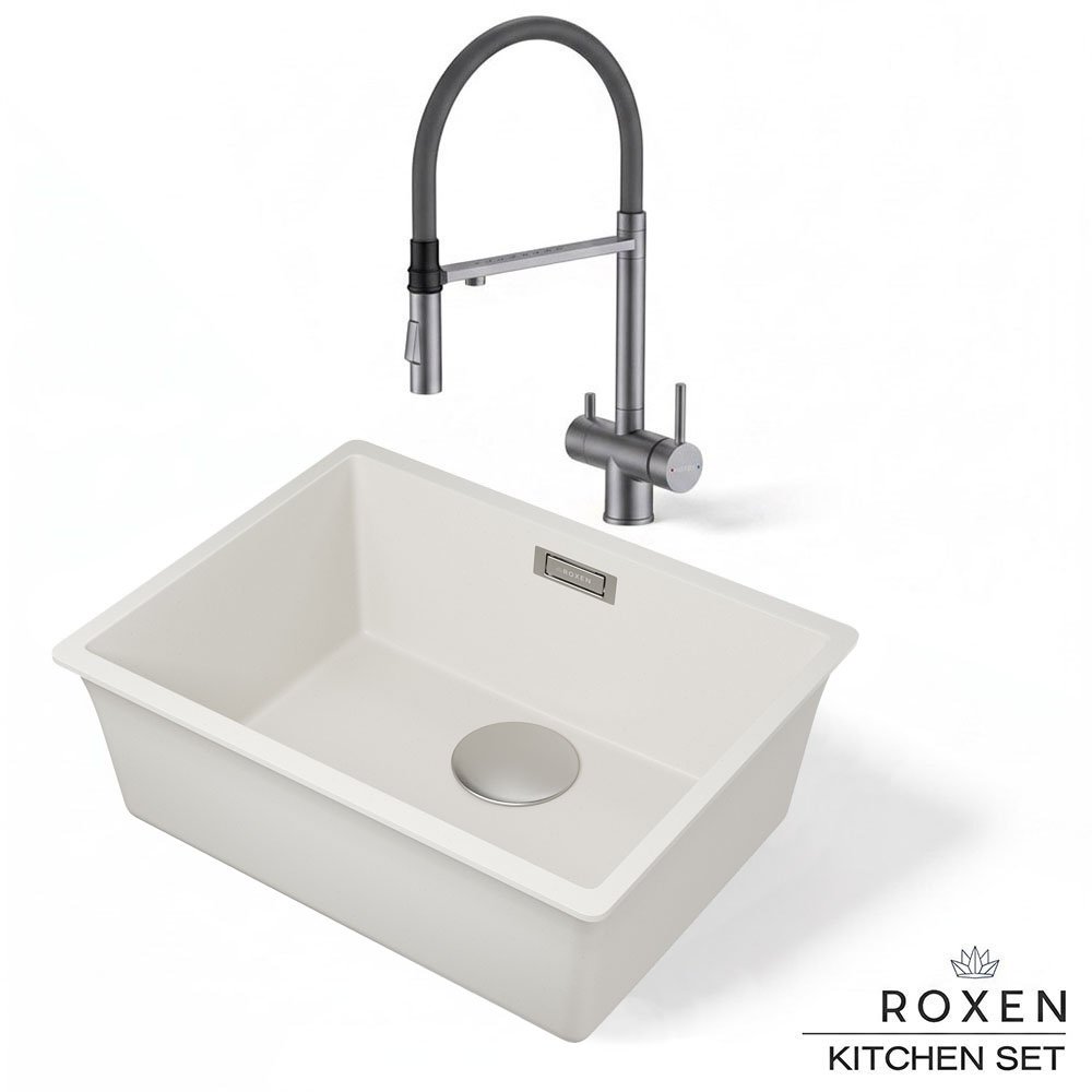 Комплект 2 в 1 кухонная мойка Roxen Gap 360270-54CW Cloud White со смесителем Keit 500504GM-GR