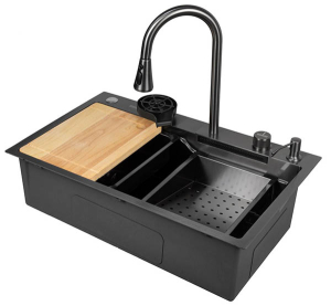 Кухонная мойка Arfeka AF 75 Black PVD Nano со смесителем, ринзером, двумя коландерами, разделочной доской и дозатором