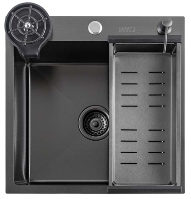 Кухонная мойка Avina Futur FK Eco Embossing Pop-up Rinzer Plus Black Nano с дозатором, коландером и ринзером