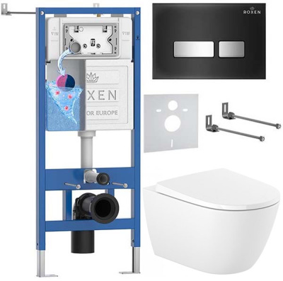 Комплект инсталляции Roxen StounFix Dual Fresh с удлиненными креплениями, аромадозатором, кнопкой смыва Glass 430280 и унитазом Roca Ona Rimless с крышкой Supralit Soft Close