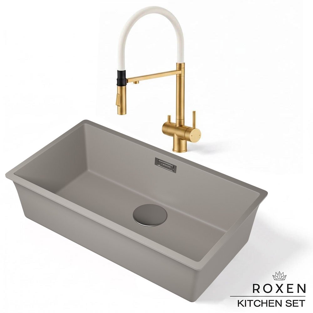 Комплект 2 в 1 кухонная мойка Roxen Gap 360270-74SG Storm Gray со смесителем Keit 500504GB-W