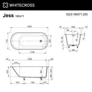 Ванна из искусственного камня Whitecross Jess белый матовый Solid Surface, 160х71, белый матовый Solid Surface