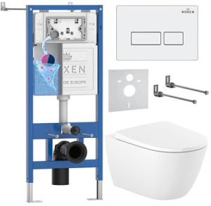 Комплект инсталляции Roxen StounFix Dual Fresh с удлиненными креплениями, аромадозатором, кнопкой смыва Caspia 410280 и унитазом Roca Ona Rimless с крышкой Supralit Soft Close, белый глянец