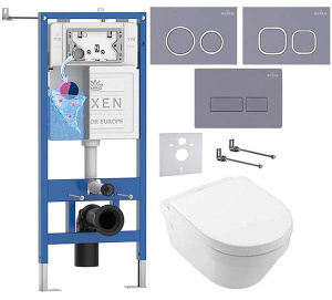 Комплект инсталляции Roxen StounFix Dual Fresh с удлиненными креплениями, аромадозатором, кнопкой смыва в цвете серый бетон и унитазом Villeroy&Boch Architectura 4694HR01, клавиши мягкий квадрат
