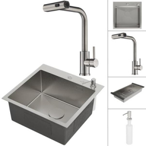 Кухонная мойка Roxen Simple с коландером, дозатором и смесителем Shevanik S263L с выдвижным изливом, 50х48, сатин