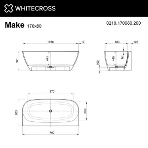 Ванна из искусственного камня Whitecross Make белый матовый Solid Surface, 170х80, белый матовый