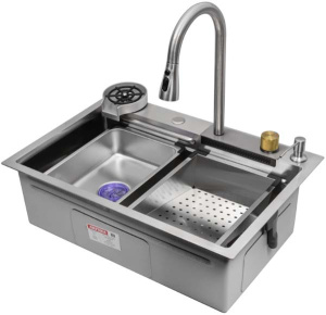 Кухонная мойка Arfeka Eco AR 68 Satin со смесителем, ринзером, двумя коландерами, разделочной доской и дозатором