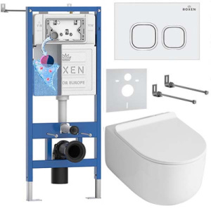 Комплект инсталляции Roxen StounFix Dual Fresh с удлиненными креплениями, аромадозатором, кнопкой Santi 410280 и унитазом Asten Readle Stella Tornado AR1065, белый глянец