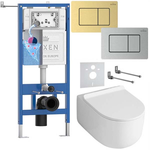 Комплект инсталляции Roxen StounFix Dual Fresh с креплениями, металлической кнопкой и унитазом Asten Readle Stella Tornado AR1065, золото брашированное