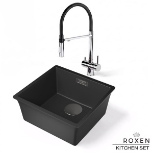 Комплект 2 в 1 кухонная мойка Roxen Gap 360270-44VB Vanta Black со смесителем Keit 500504CH-B