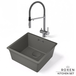 Комплект 2 в 1 кухонная мойка Roxen Gap 360270-44NG Nardo Gray со смесителем Keit 500504GM-GR, 44х42, nardo gray