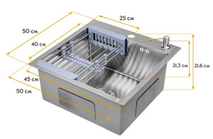 Кухонная мойка Axus LS-5050S / LS-5050SD с коландером, дозатором и держателем губки, 50х50, сатин
