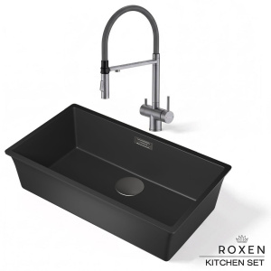 Комплект 2 в 1 кухонная мойка Roxen Gap 360270-74VB Vanta Black со смесителем Keit 500504GM-GR