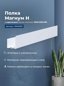 Полка Aquanet Магнум Н с крючками белый матовый 50 / 70 / 90, 50, белый матовый