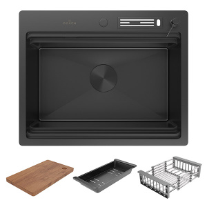 Кухонная мойка Roxen Stage 560250-60B PVD (оружейная сталь) с держателем для ножей, двумя коландерами, разделочной доской, дозатором и смесителем Shevanik S263T