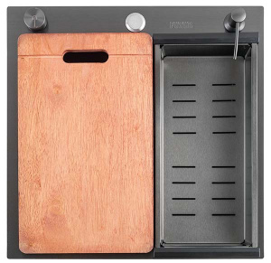 Кухонная мойка Avina Futur FK Eco Embossing Pop-up Board Plus Black Nano с дозатором, коландером и разделочной доской, 55х50, графит