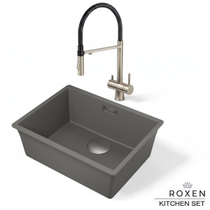 Комплект 2 в 1 кухонная мойка Roxen Gap 360270-54NG Nardo Gray со смесителем Keit 500504NB-B, 54х42, nardo gray